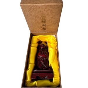 Laughing Buddha Figurine Red Carved Statue Desktop Ornament Gift Box